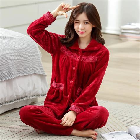 women winter warm flannel pajamas female coral fleece pajama sets sleepwear velvet long sleeve