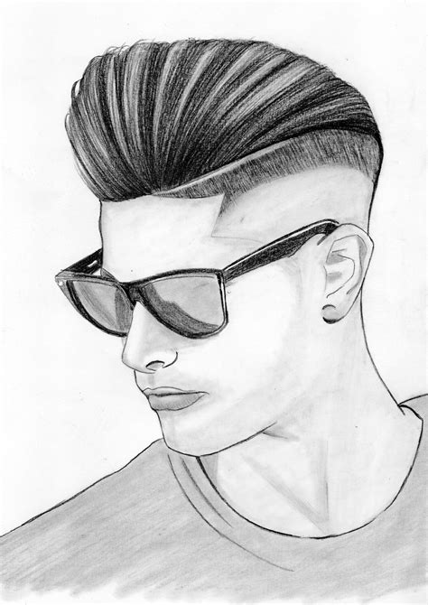 A Pencil Drawing Of A Man With Sunglasses On His Head And Hair In The Back