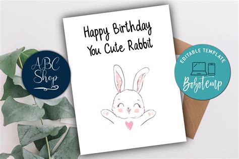 Printable Cute Rabbit Birthday Card Instant Instant Download Bobotemp