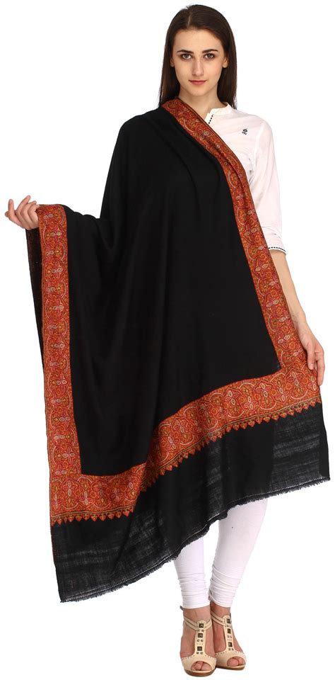 Phantom Black Pure Pashmina Shawl From Kashmir With Intricate Sozni