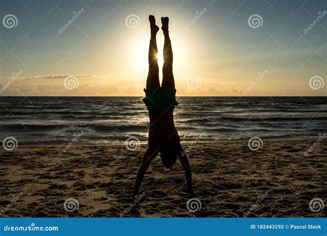 Handstand Young Woman Girl Yoga Training Hot Air Balloon Stock