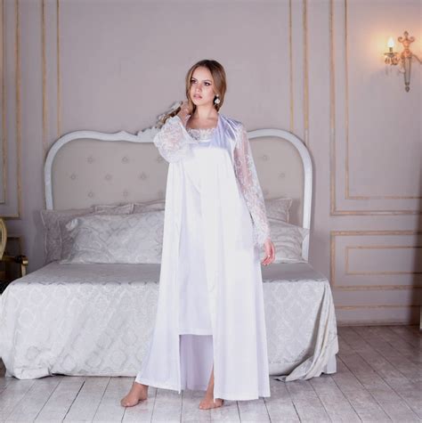 White Bridal Satin Peignoir Set Long Lace Robe And Nightgown Etsy