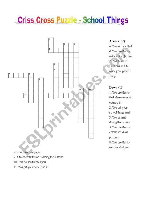 Criss Cross Puzzle School Things Esl Worksheet By Banucicek