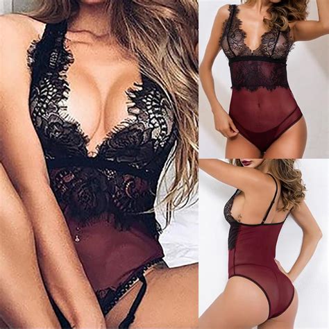 Women Sexy Eyelash Lace Sheer Splice Teddy Bodysuit Backless Lingerie Underwear Buy At A Low