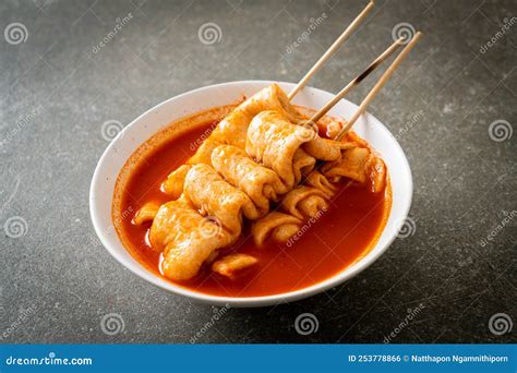 Odeng Korean Fish Cake Skewer In Korean Spicy Soup Stock Photo