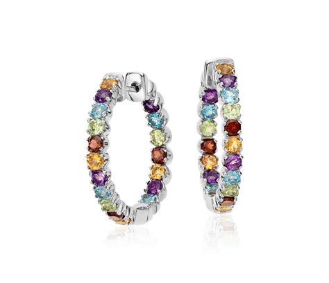 Multicolored Gemstone Hoop Earrings In Sterling Silver Mm Rainbow
