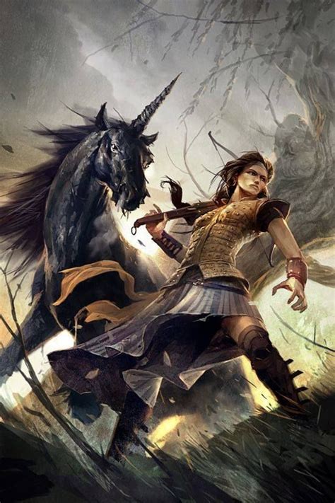 Female Warrior With Unicorn Black Unicorn Fantasy Warrior Unicorn Art
