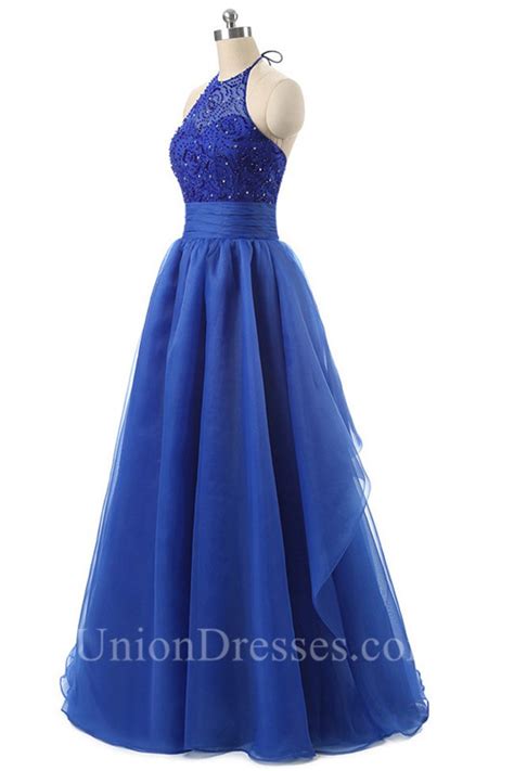 Charming A Line Halter Long Royal Blue Organza Beaded Prom Dress