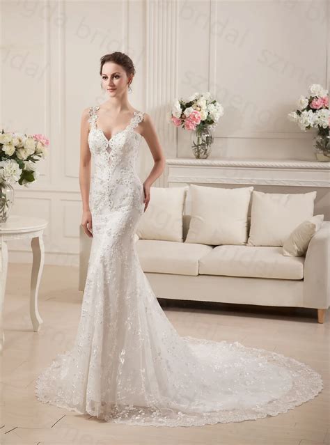 MDBRIDAL Women Mermaid Lace Wedding Dress With Faux Pearls Slim Fitted