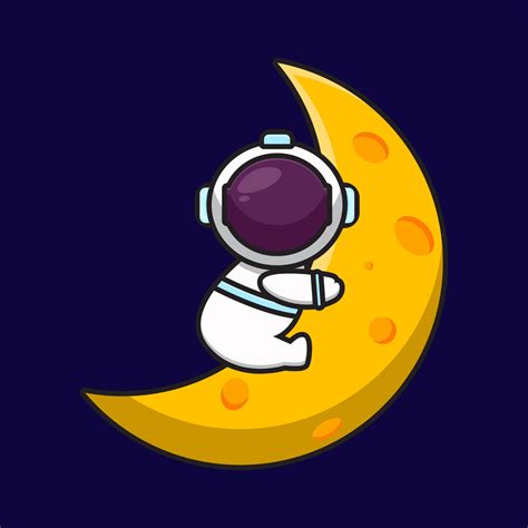 Cute Astronaut Character Hug Moon Cartoon Vector Icon Illustration