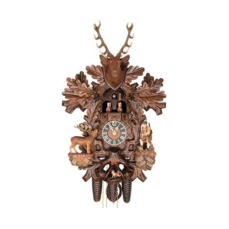 Carved 8 Day Hunting Style Musical Cuckoo Clock With Stag Head Hunter