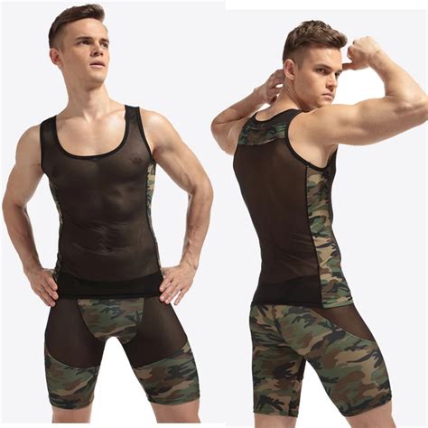 M Xxl Excellent New Fashion Men Camouflage Bodysuit Erotic Perspective Mesh Undershirt Sexy Gay