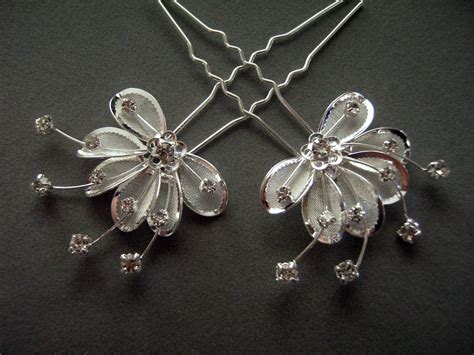 Rhinestone Hair Pin Flower With Crystals Silver Plated 2 Piece Set