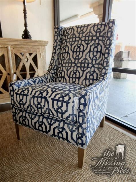Tall Modified Wing Back Chair With Sloped Arms In Blue And White Two In Store At Time Of