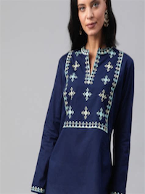 Buy Soch Navy Blue Pure Cotton Embroidered Tunic Tunics For Women