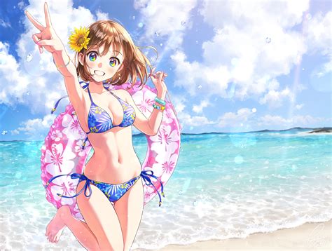 Barefoot Beach Bikini Blush Breasts Brown Hair Cleavage Clouds Morikura