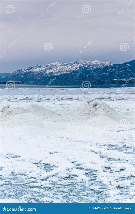 Ice Volcanoes On The Shore Of Okanagan Lake In Winter Stock Image