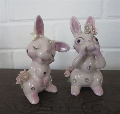 Vintage Pair Of Pink Bunny Rabbit Figurines With Foil