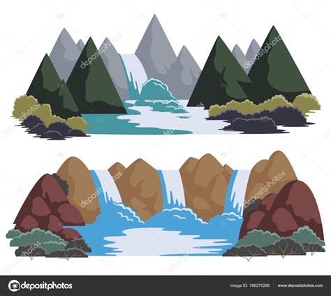 Waterfalls Set Cartoon Landscapes With Mountains And Trees Vector