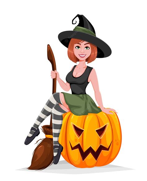 Premium Vector Halloween Witch Sitting On Pumpkin
