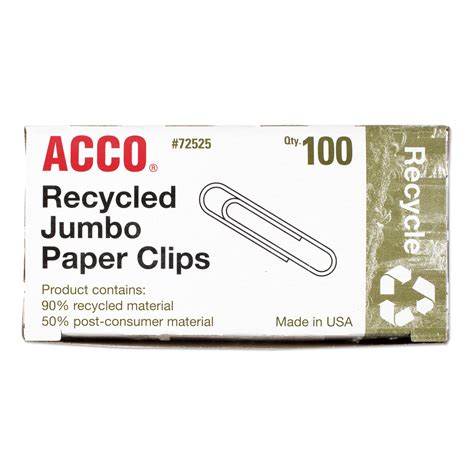 Acco Recycled Paper Clips Jumbo Smooth Silver 100 Clipsbox 10