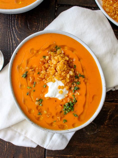 Creamy Roasted Red Pepper Soup With Crispy Fried Lentils