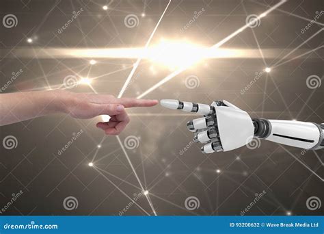 Human And Robot Touching Their Fingers In Grey Background Stock