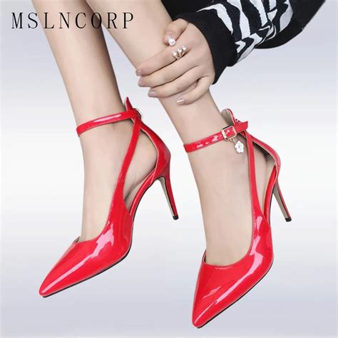 Plus Size 34 47 Fashion Women Pumps Ladies Sexy Pointed Toe Super High Heels Office Ankle Strap