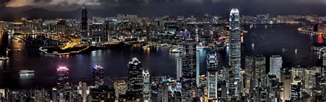 Landscape Lights Mountains Sunset Sea City Cityscape Hong Kong