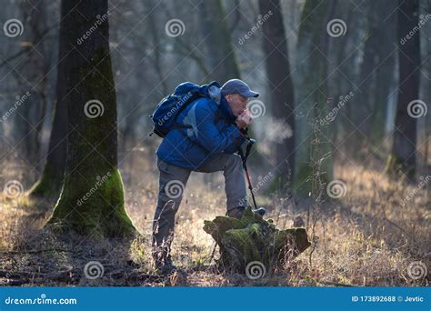 Senior Man Hiker Warming Hands In Forest Stock Photo Image Of Resting Break
