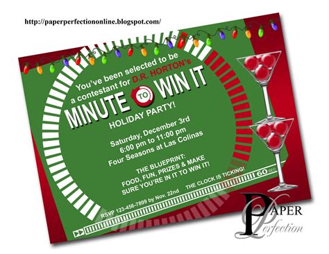 At the beginning of each game the contestant is given a blueprint of the challenge and then 60 seconds is put on the clock if the contestant completes the. Paper Perfection: Minute To Win It Christmas Party Invitation