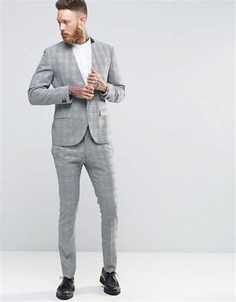 Religion Skinny Grey Collarless Suit In Prince Of Wales Check