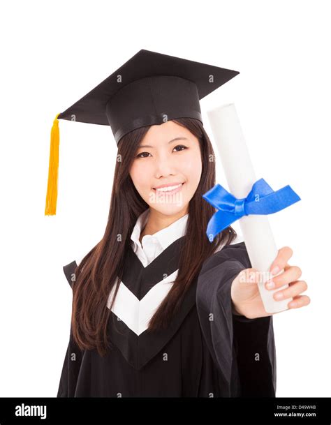 Smiling Graduate Woman Holding Degree Isolated On White Background