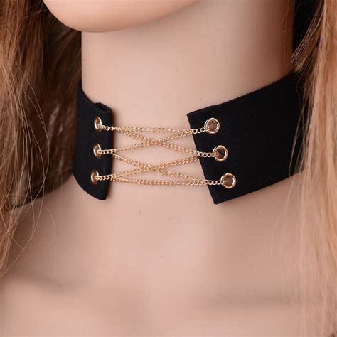 New Glamorous Black Velvet Choker With Gold Chains Sexy Statement Necklace Link Chain Lace Up