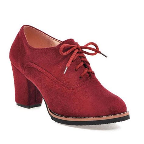 red suede school lace up high heels oxfords shoes high heels