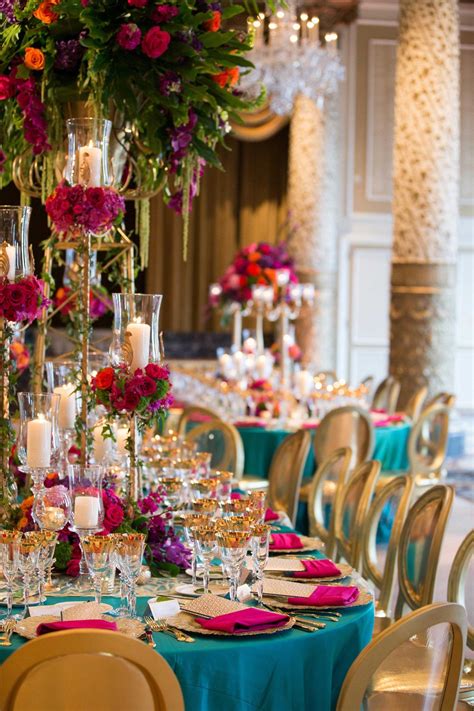 Vibrant Turquoise Pink Gold Purple Green Reception Tablescape Bright