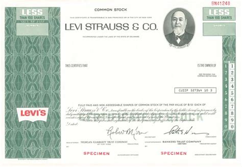 Collectible Levi Strauss And Co Stock And Bond Certificate