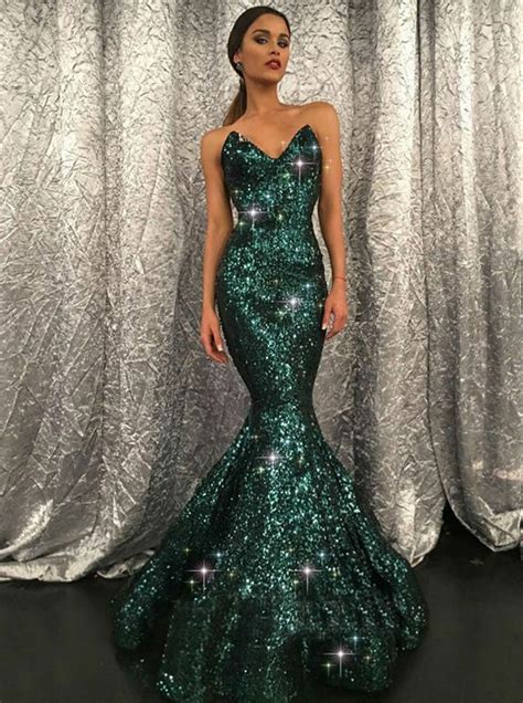 Dark Green Prom Dress Mermaid Sparkly Modest Long Prom Dressesevening