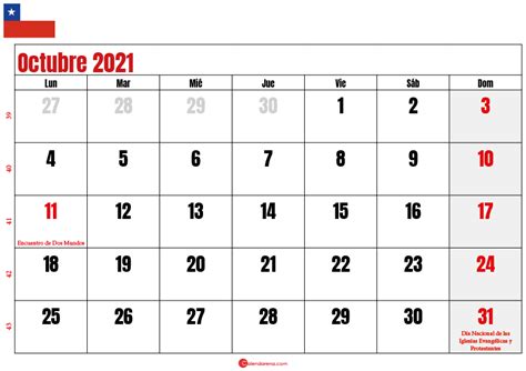 Calendario Octubre 2021 Chilie Para Imprimir