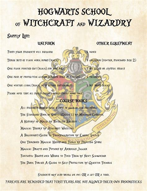 Harry Potter First Year Supply List For Hogwarts School Of Witchcraft