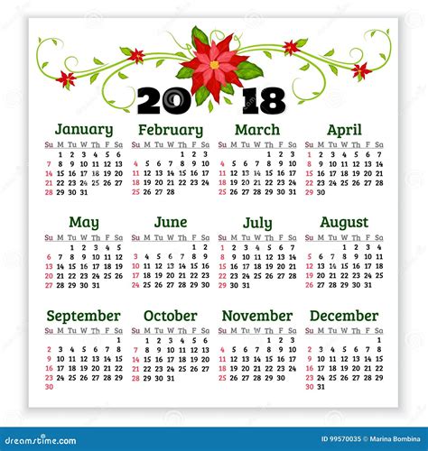 Vector El Calendario 2018 Años Con Las Flores De La Poinsetia Comienzo De La Semana Ilustración