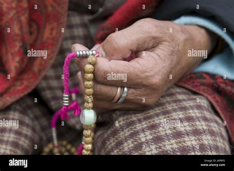 Pilgrim Detail Hand Prayer Catena Hold Thimpu Bhutan Stock Photo