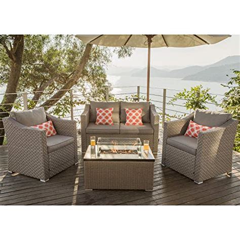 Cosiest 5 Piece Fire Pit Table Outdoor Furniture Warm Gray Wicker
