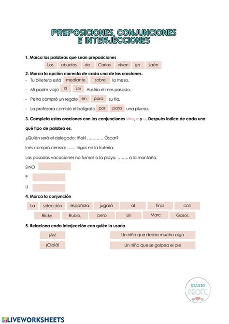 L Preposiciones Conjunciones E Interjecciones Worksheet Preposiciones Cuadro De Texto