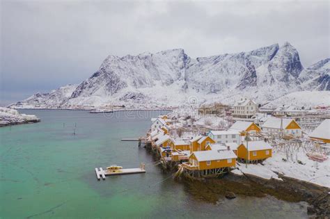 Aerial View Of Norwegian Fishing Village In Reine City Lofoten Islands