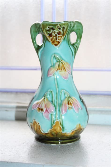 Antique Art Nouveau Majolica Vase Turquoise With Flowers Decoration