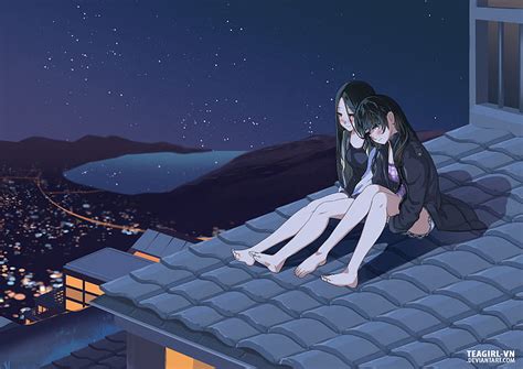 Hd Wallpaper Anime Girl Sadness Falling Stars Cityscape Scenic