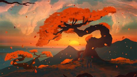 Desktop Wallpaper Sunset Tree Lake Nature Art Hd Image Picture