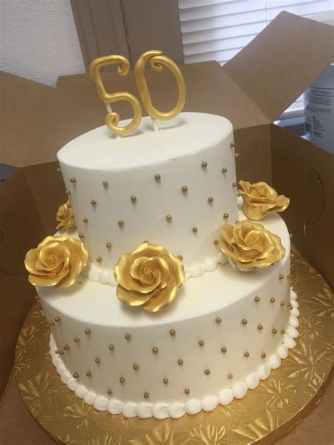 50th Anniversary Cake With Gold Pearls And Gold Painted Sugar Roses