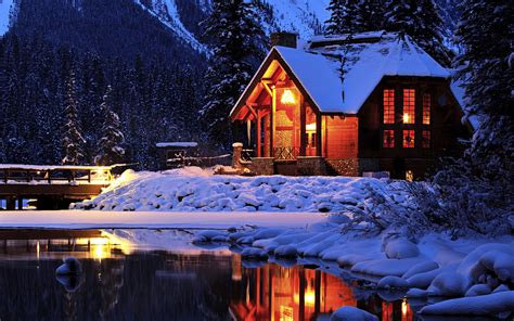 Wallpaper Winter Cozy Mountain Lodge Emerald Lake Yoho